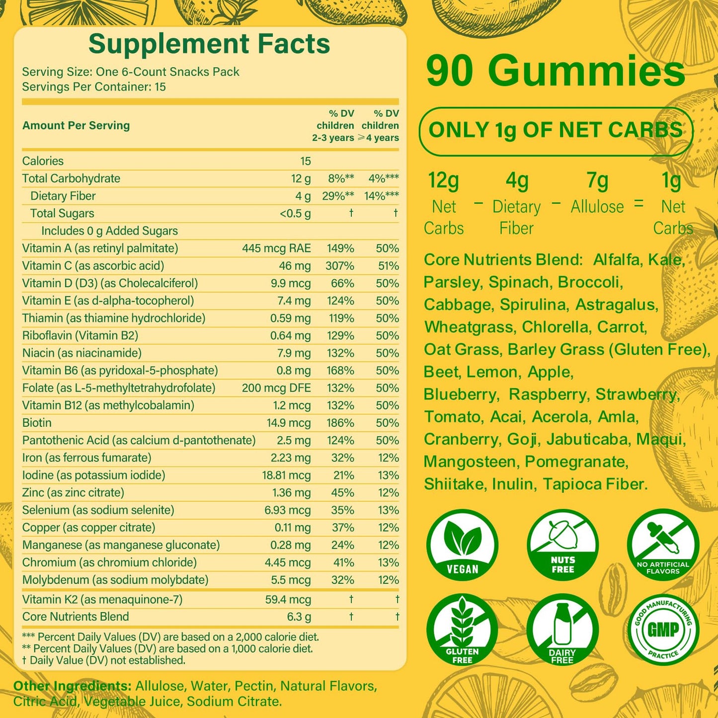 Tecepec Sugar Free Greens Daily Gummies for Kids - Superfood Fruits Veggies Blend with Spirulina, Chlorella, Prebiotics & Fiber, Adaptogens Multivitamin Supplement Digestive Health, Non-GMO, 90 Count