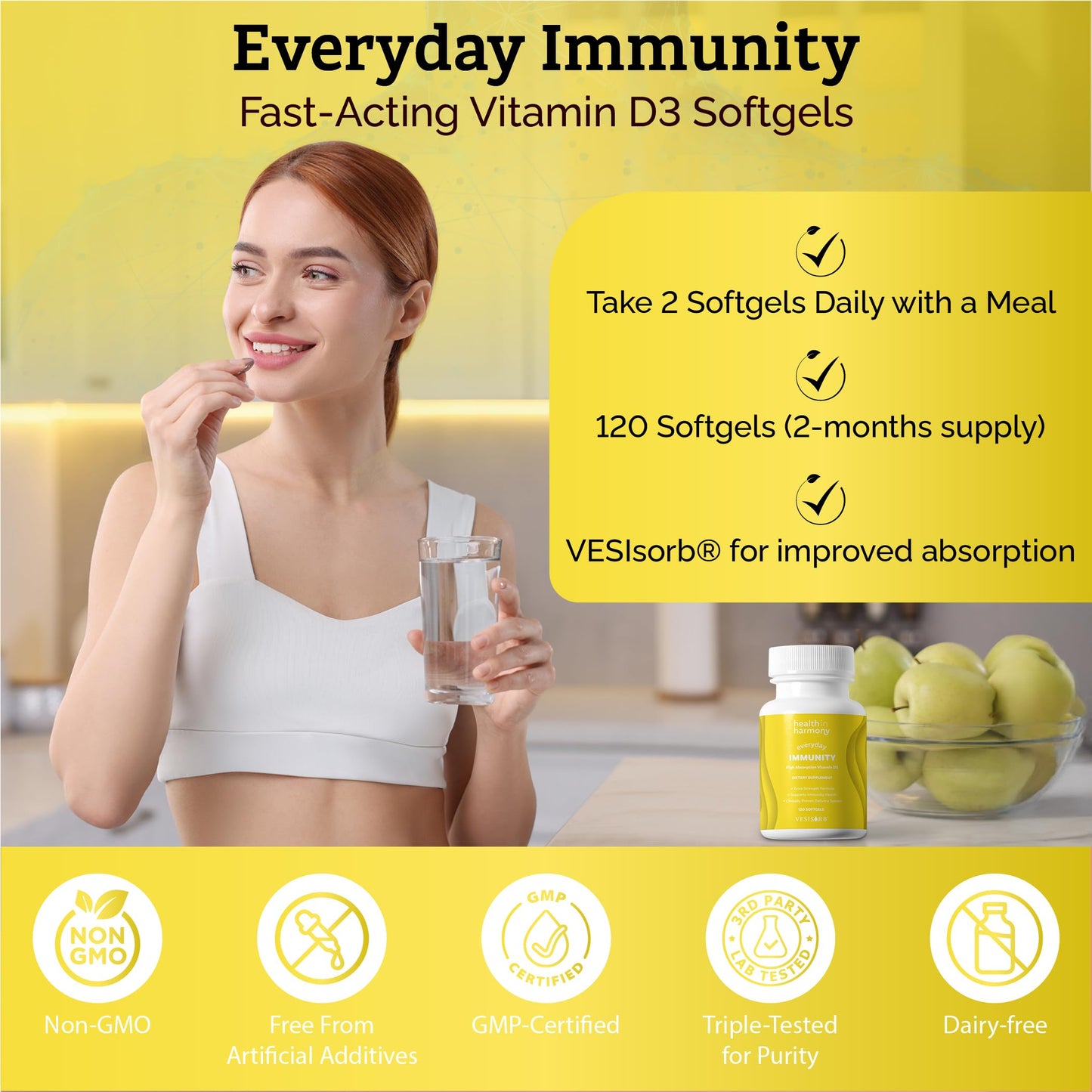 HEALTH IN HARMONY Everyday Immunity 4000 IU Vitamin D3 Supplement Softgels 60