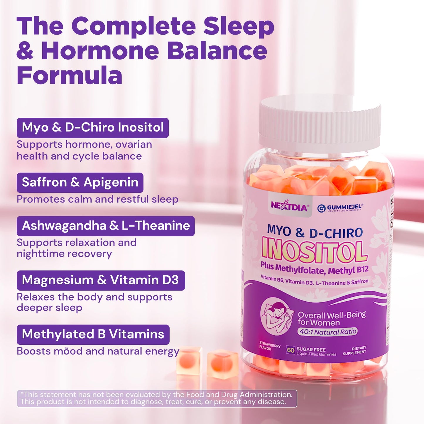Nextdia Women Sleep Gummies Myo-Inositol & D-Chiro Inositol + Saffron, MTHF Folate, Vitamin B6 & B12, 40:1 Ratio Myo-Inositol Supplement for Hormone Balance, Mood, PCOS & Ovarian, Sugar Free, 60 Gummies