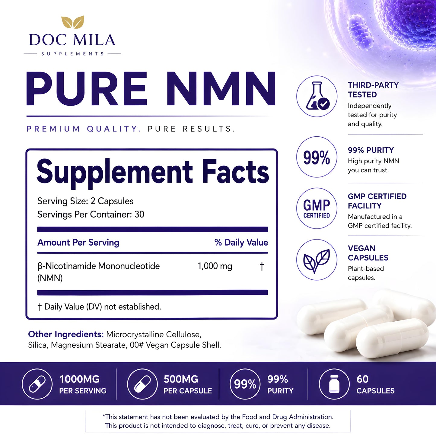 Doc Mila NMN 1000mg Nicotinamide Mononucleotide Capsule, 1 Count