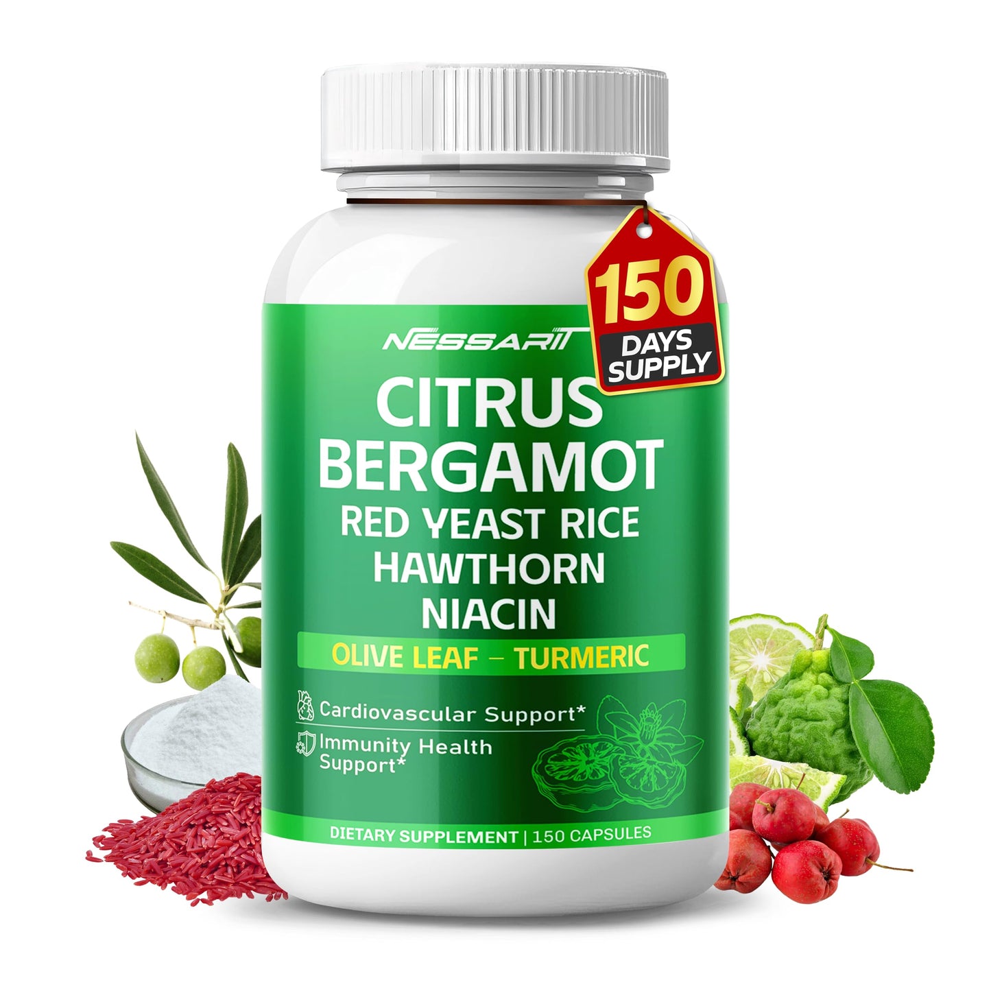 NESSARIT Citrus Bergamot Supplement - 15-in-1 Natural Blend with Red Yeast Rice Hawthorn Olive Leaf Odorless Garlic Turmeric Ginger Fenugreek Capsule 150 Count