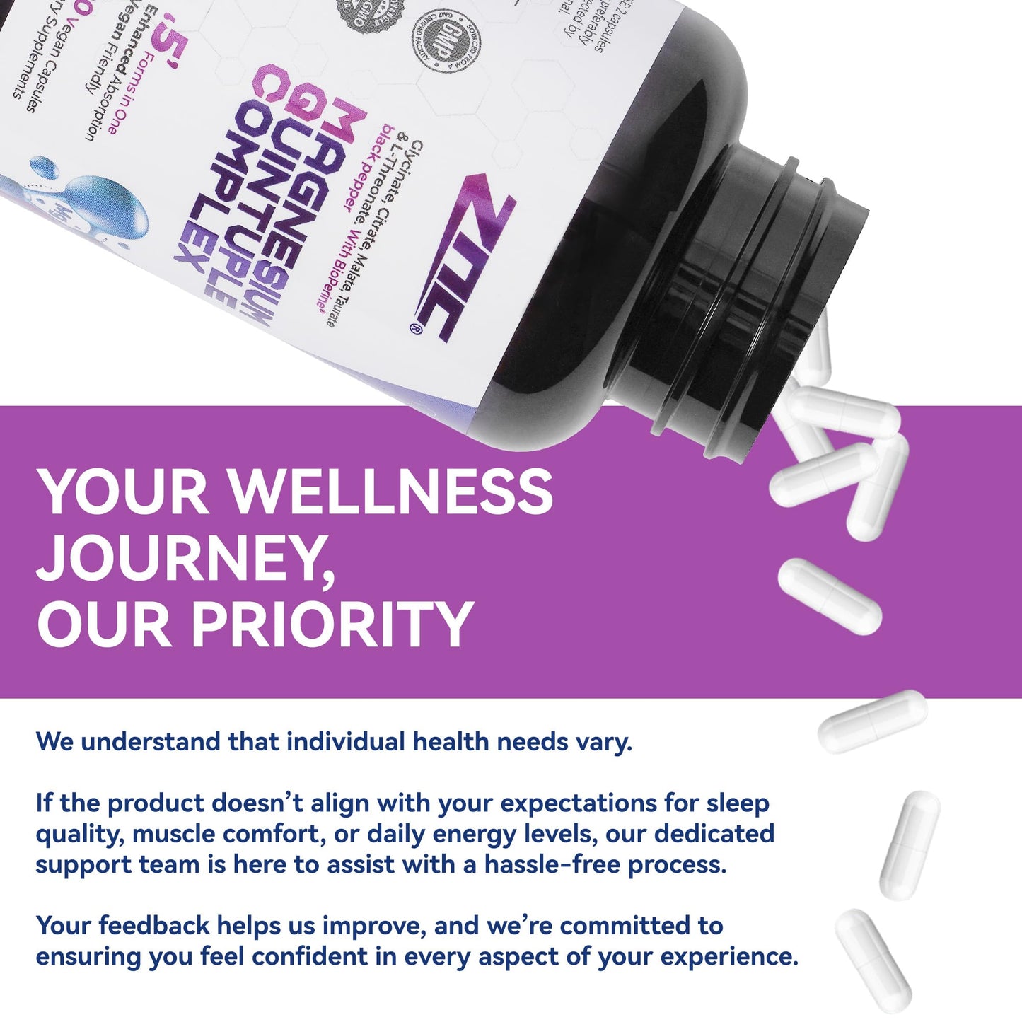 ZNC Magnesium Complex 810mg with 8 Forms Including Glycinate & Citrate, Chelated for Absorption, Bone Heart Muscle Support Softgels 120 Count
