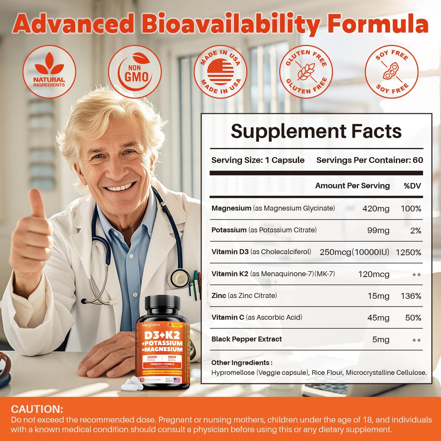 MEGNETA Vitamin D3 K2 (MK-7) 10,000 IU with Magnesium Glycinate & Potassium Supplement - Systemic Complex for Bone, Muscle, Heart, Immune, Energy & Sleep Support – High Absorption, 60 Capsules