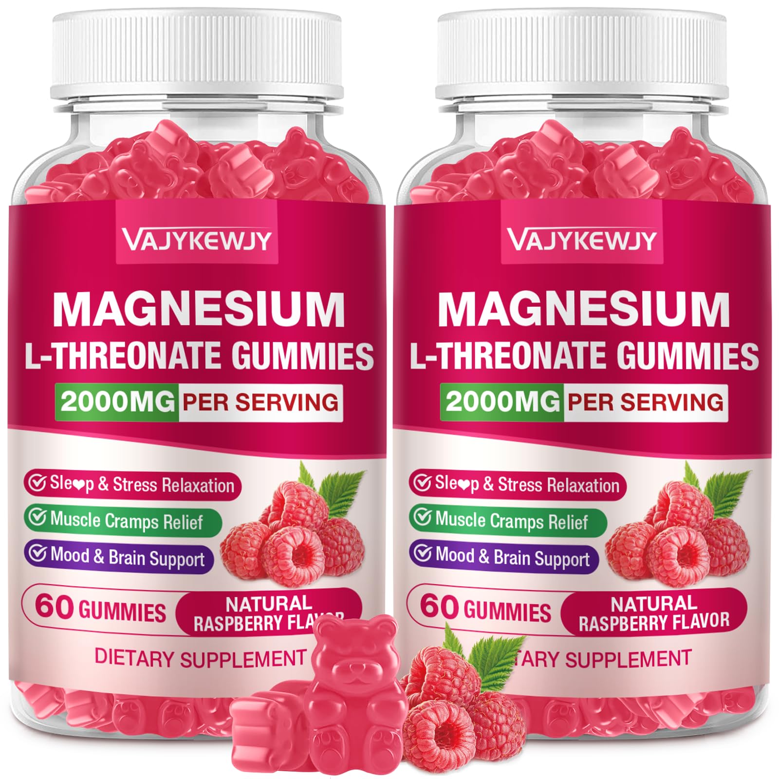 VAJYKEWJY Magnesium L-Threonate Gummies, 2000mg, 2-Pack, 120 Count, Sugar-Free Raspberry Flavor
