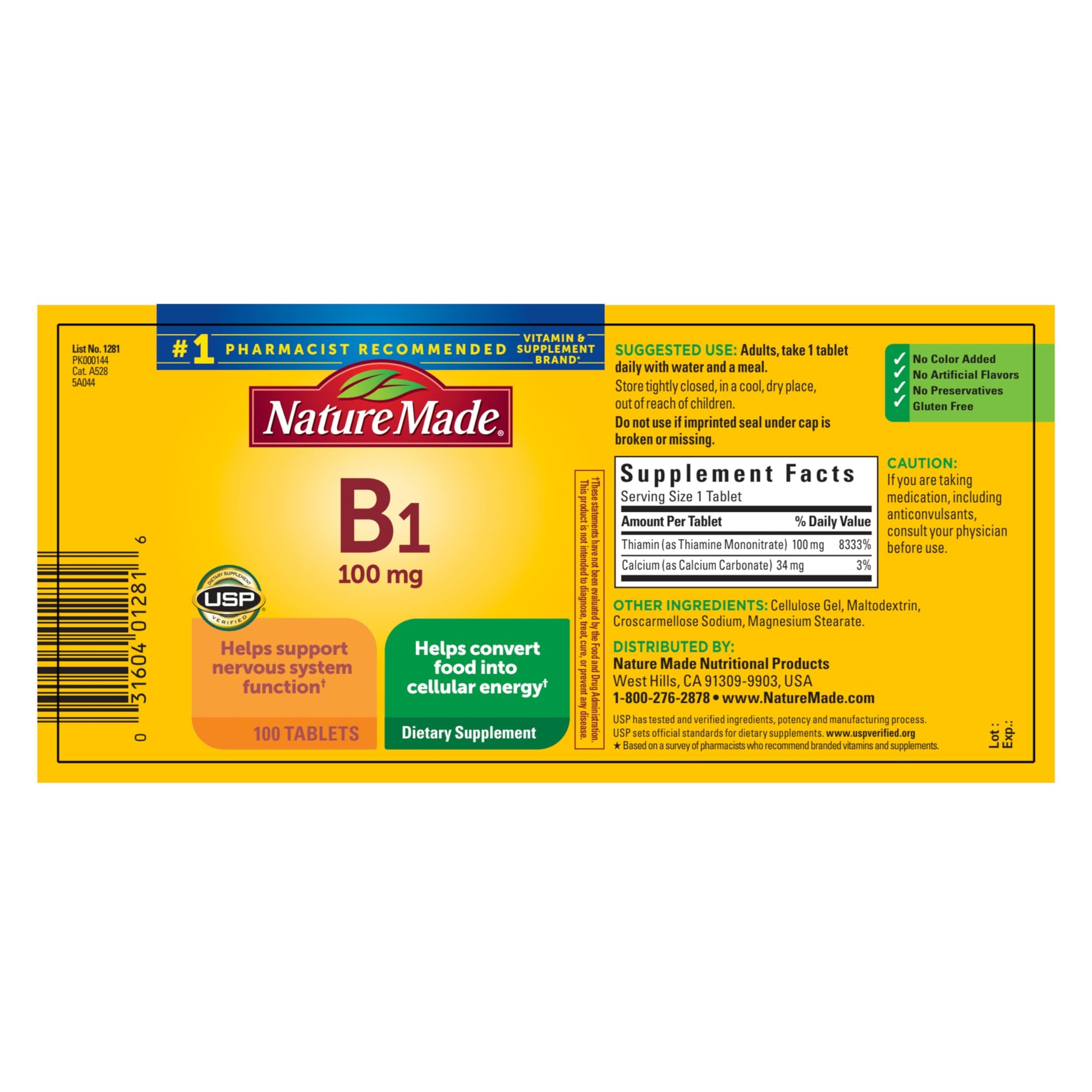 Nature Made Vitamin B1 100mg Thiamine Tablet, 100 Tablets
