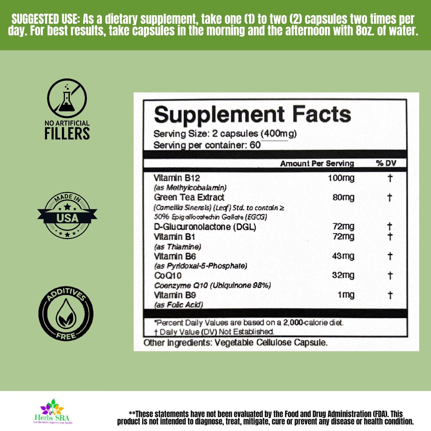Herbs SRA ENERGYAID Antioxidant Energy Support Supplement with Vitamin B6, Green Tea & CoQ10 – Capsules, 120 Count