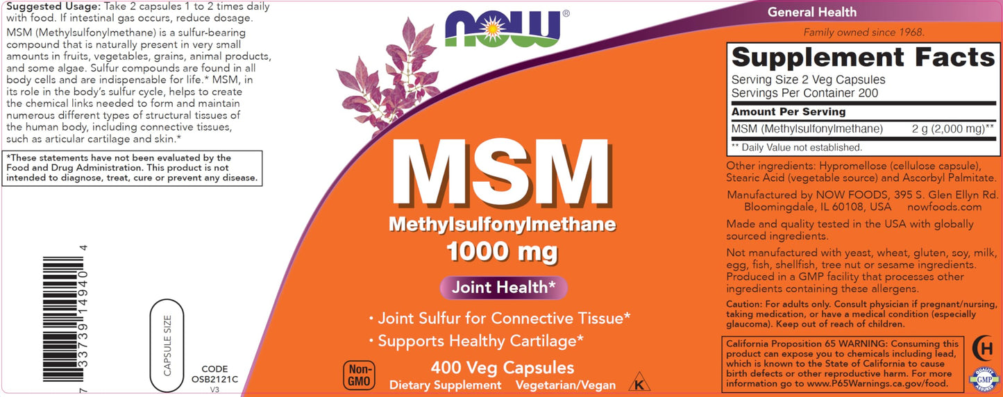 NOW Foods MSM 1000mg Capsules, 800 Capsules
