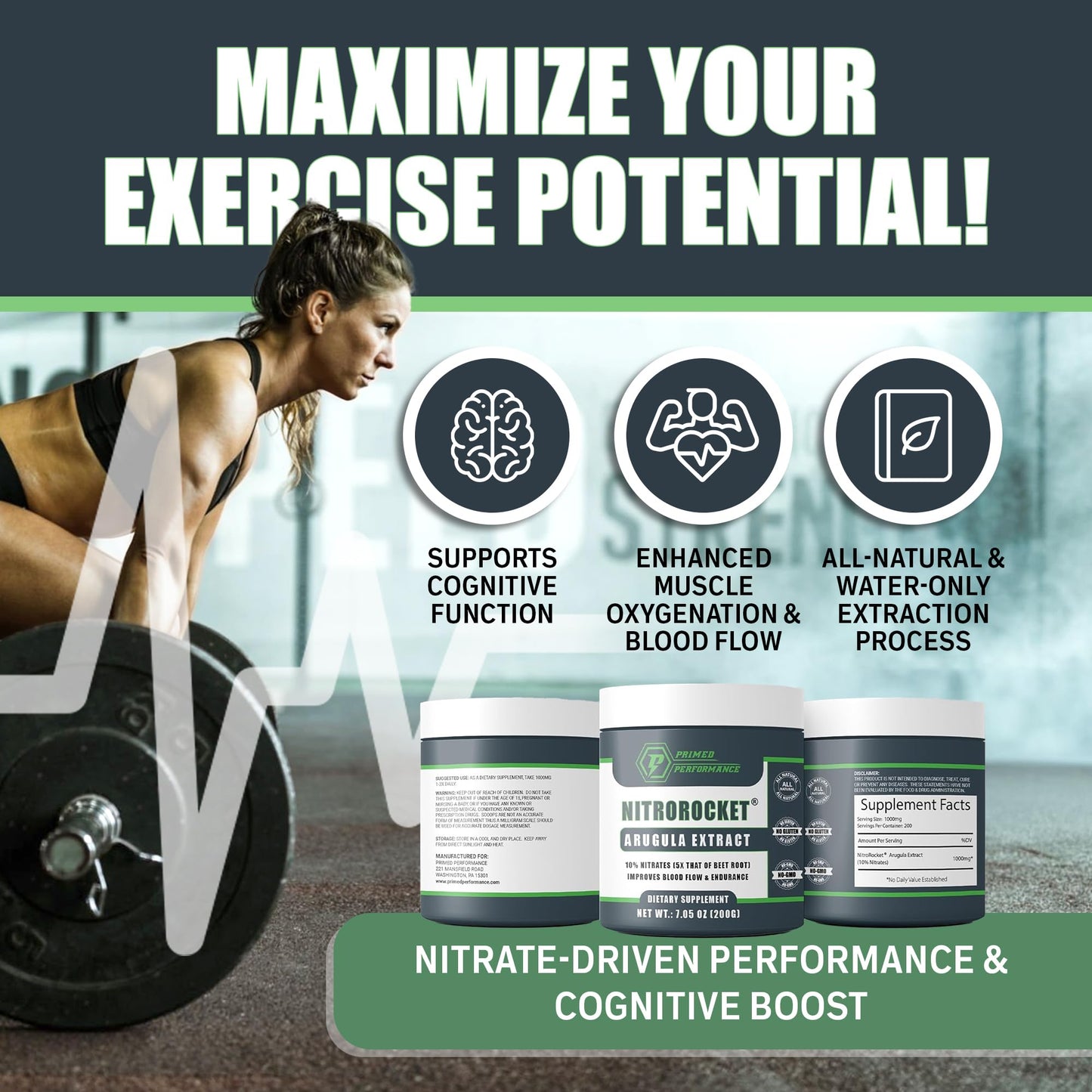 Primed Performance NitroRocket Plant-Based Nitric Oxide Powder, 7 oz
