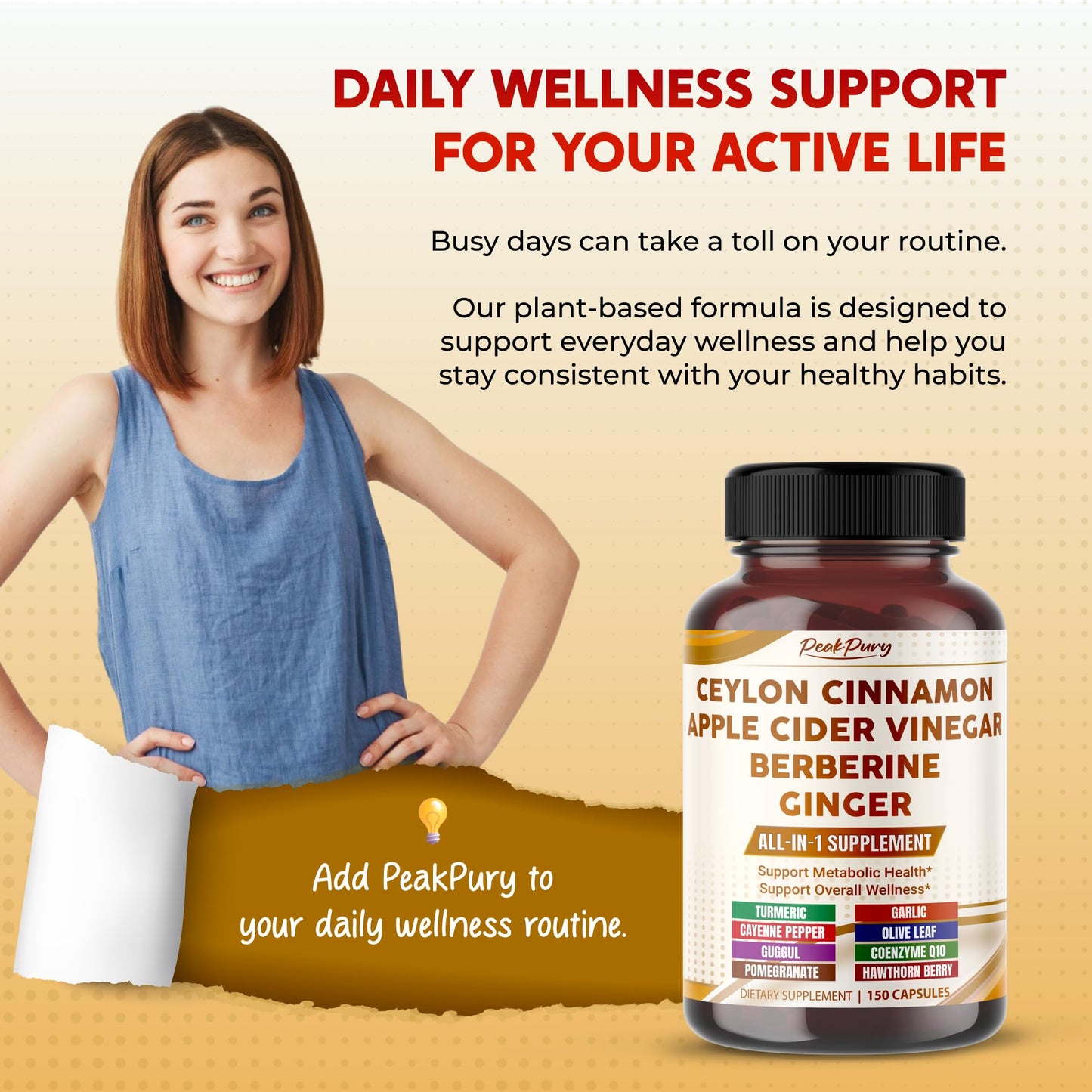 PEAKPURY Ultra All-in-1 Ceylon Cinnamon, Apple Cider Vinegar, Berberine & Ginger Capsules, 150 Count