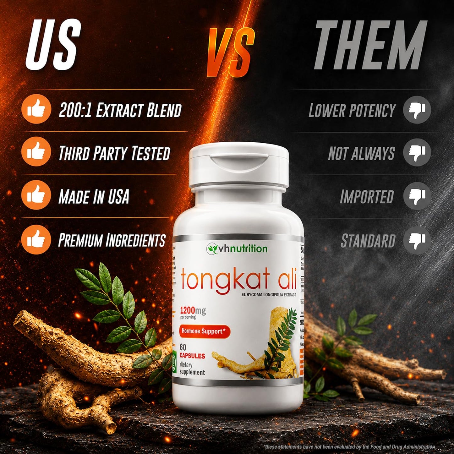VH Nutrition Tongkat Ali Extra Strength Hormone Support for Men 200:1 Blend Standardized Eurycoma Longifolia (LongJack) Extract Powder, 60 Capsules