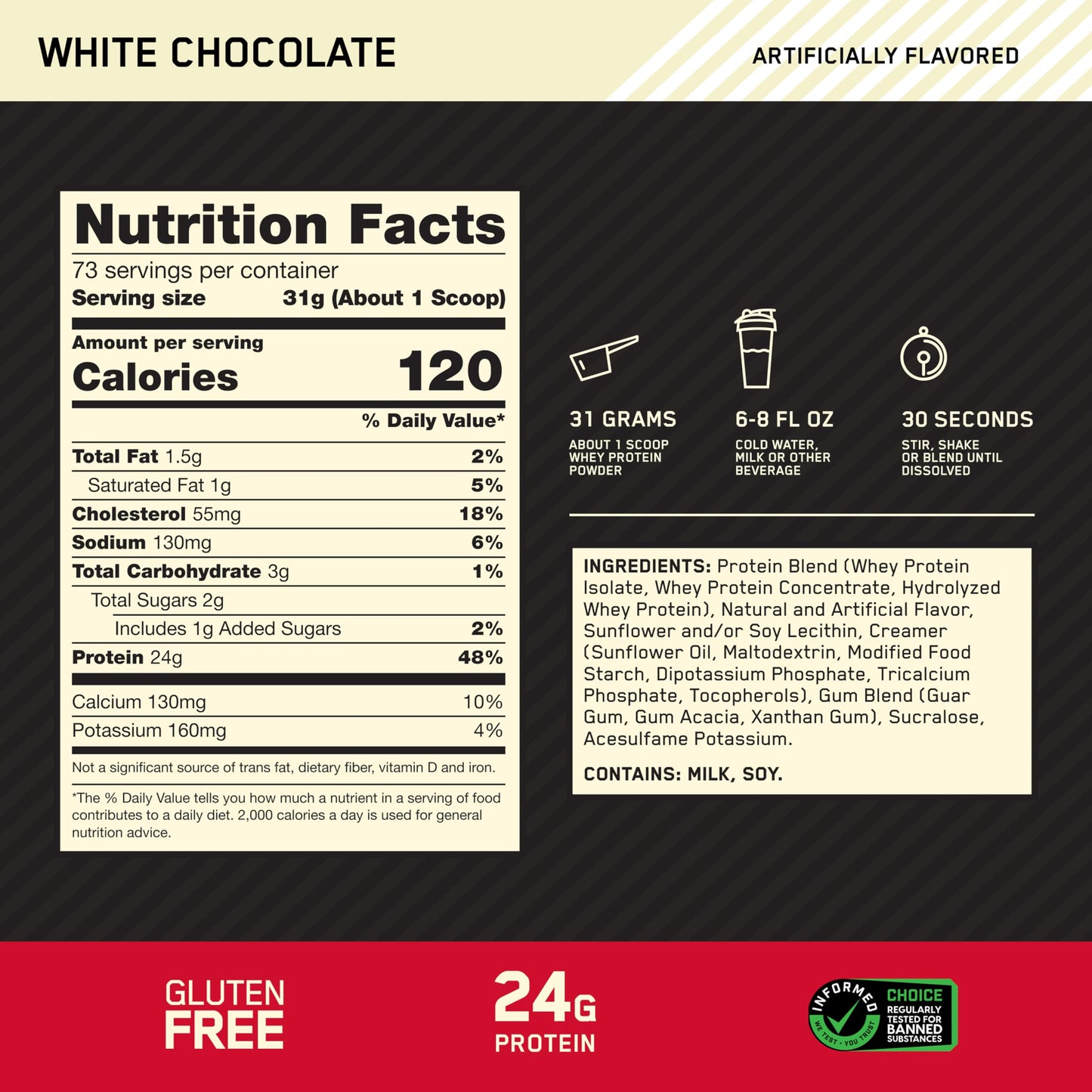 Optimum Nutrition Gold Standard 100% Whey Protein Powder White Chocolate, 80 Servings