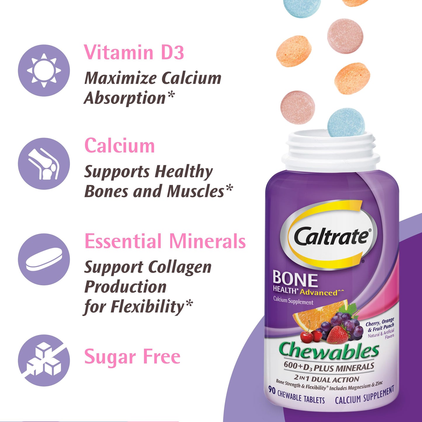 Caltrate Chewables 600 +D3 Plus Minerals Calcium and Vitamin D, Sugar Free, 155 Count