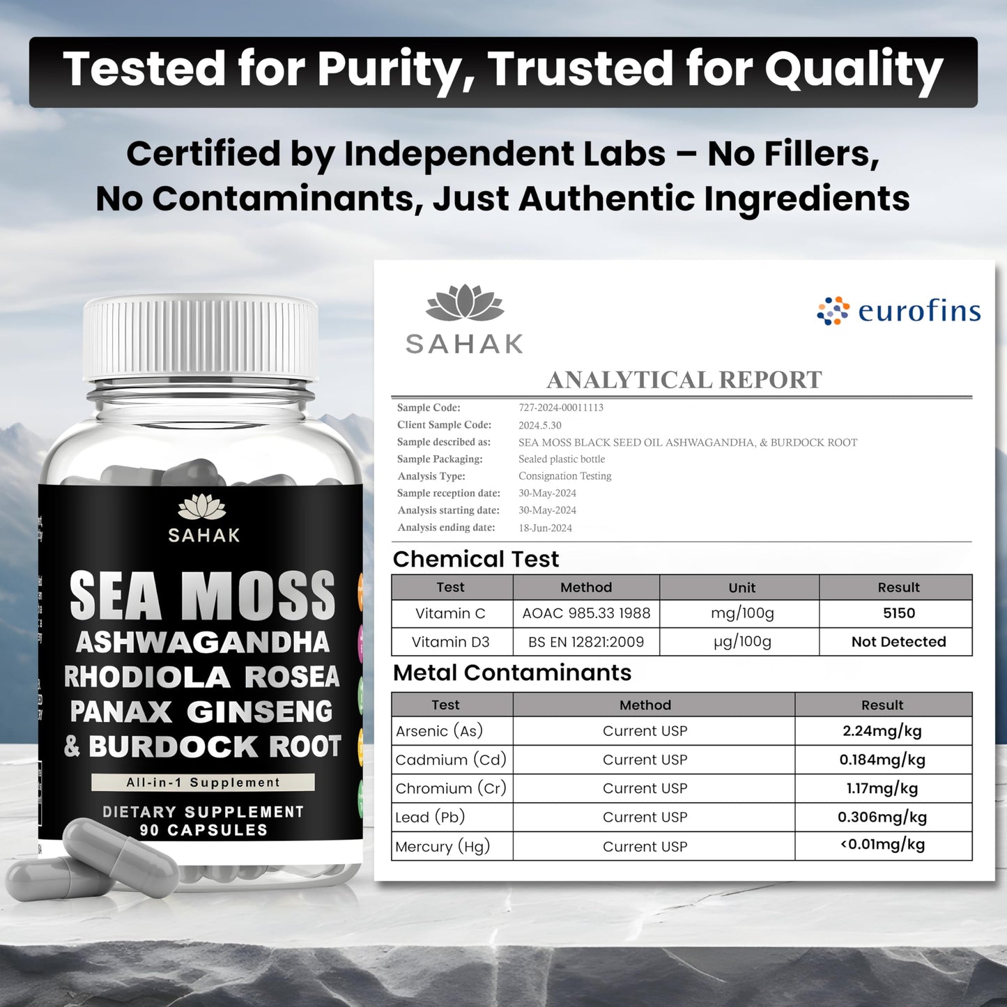 SAHAK Organic Sea Moss Capsules with Ashwagandha, Rhodiola, Panax Ginseng & Burdock Root, 90 Count