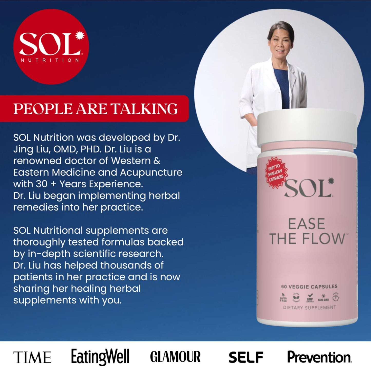 Sol Nutrition Ease the Flow PMS Support, Menstrual Relief, PMDD Supplements, Period Relief Products, Eases Bloating & Mood Swings, Vitamins B6 & B8, 60 Capsules
