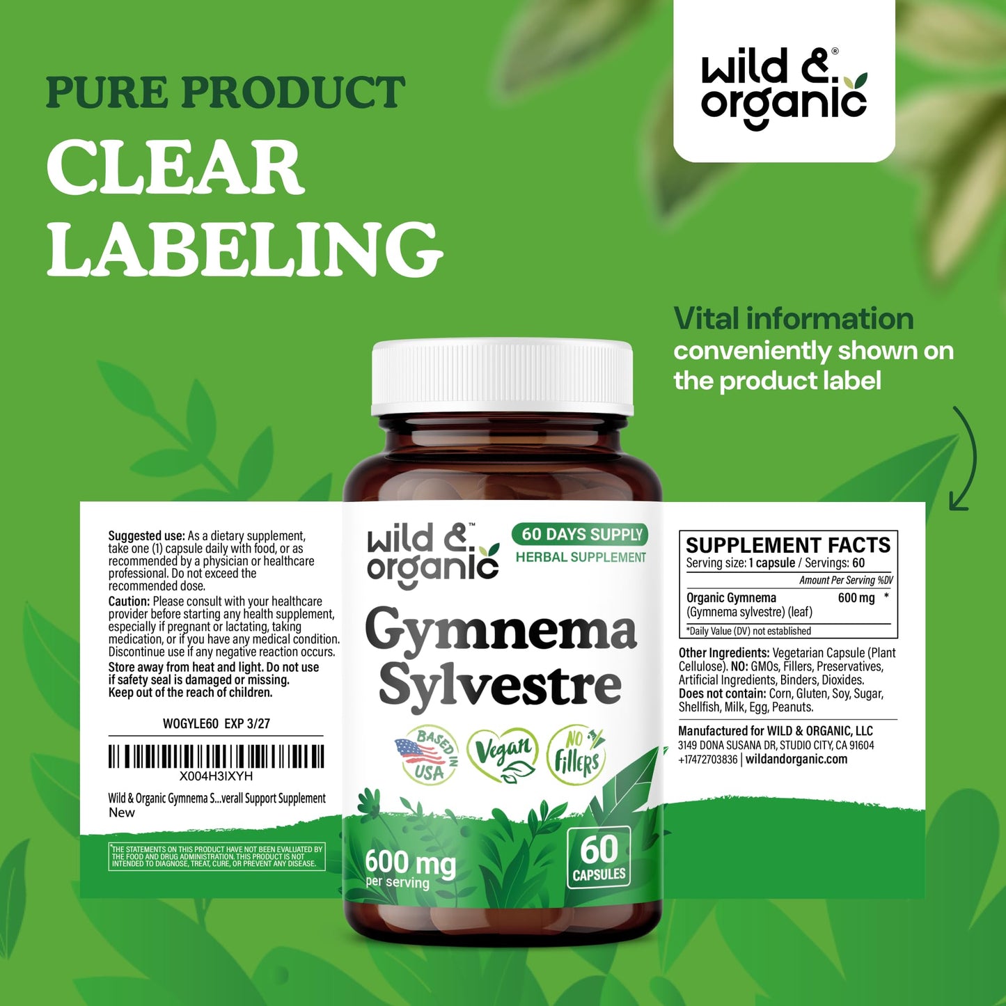 Wild & Organic Gymnema Capsules 600 mg, 60 Count