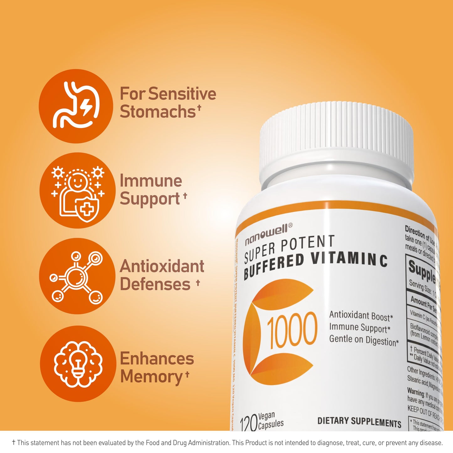 NANOWELL Super Potent Buffered Vitamin C 1000 mg with Bioflavonoid Complex, Capsule, 180 Count
