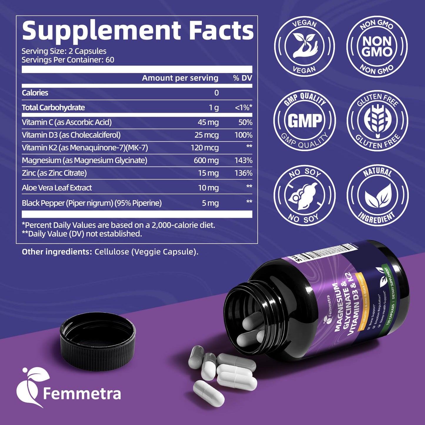 Femmetra Magnesium Glycinate 600mg Vitamin D3 K2 Supplement Capsules, 120 Count