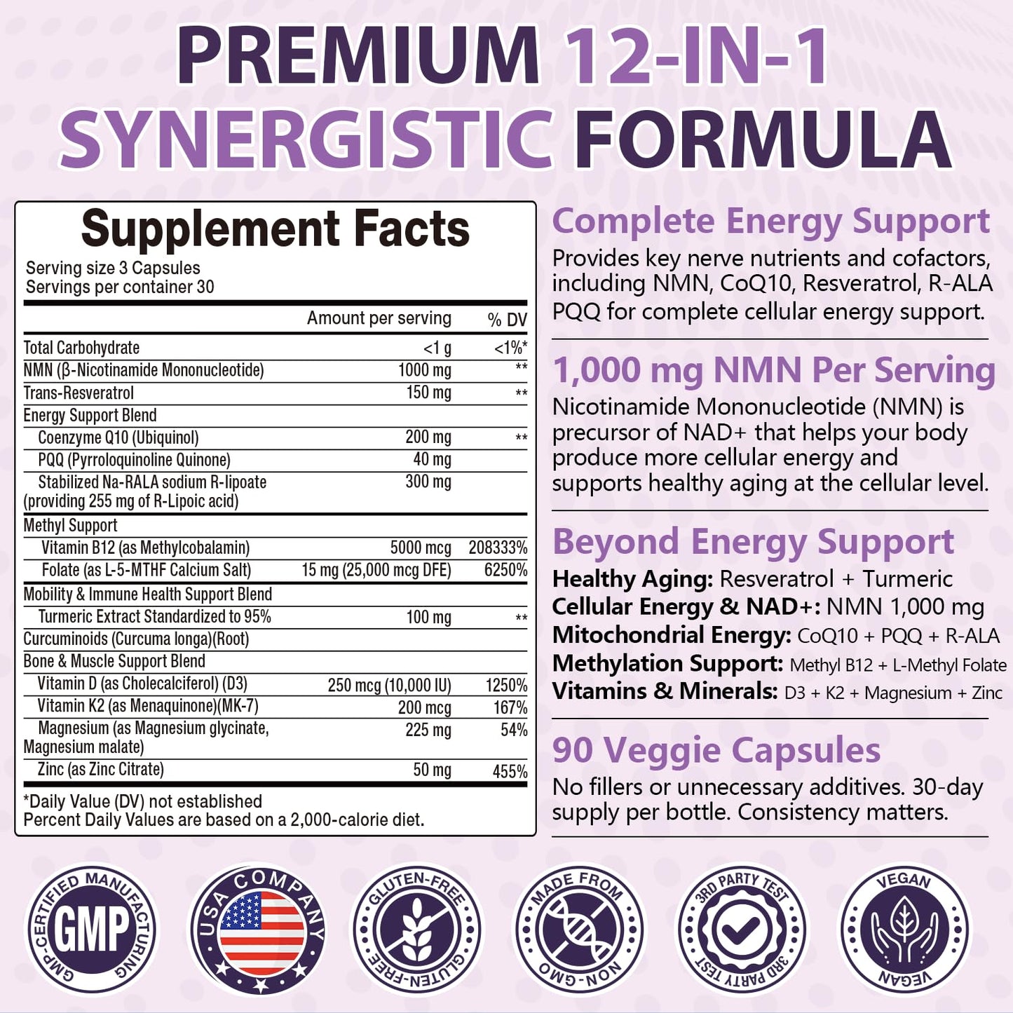 Femmetra Ultra NMN 1000 mg for NAD+, 12-in-1 NAD Supplement with CoQ10 200 mg, PQQ 40 mg, Resveratrol, R-ALA, Methyl B12, L-Methyl Folate, NMNH Alternative, 90 Capsules
