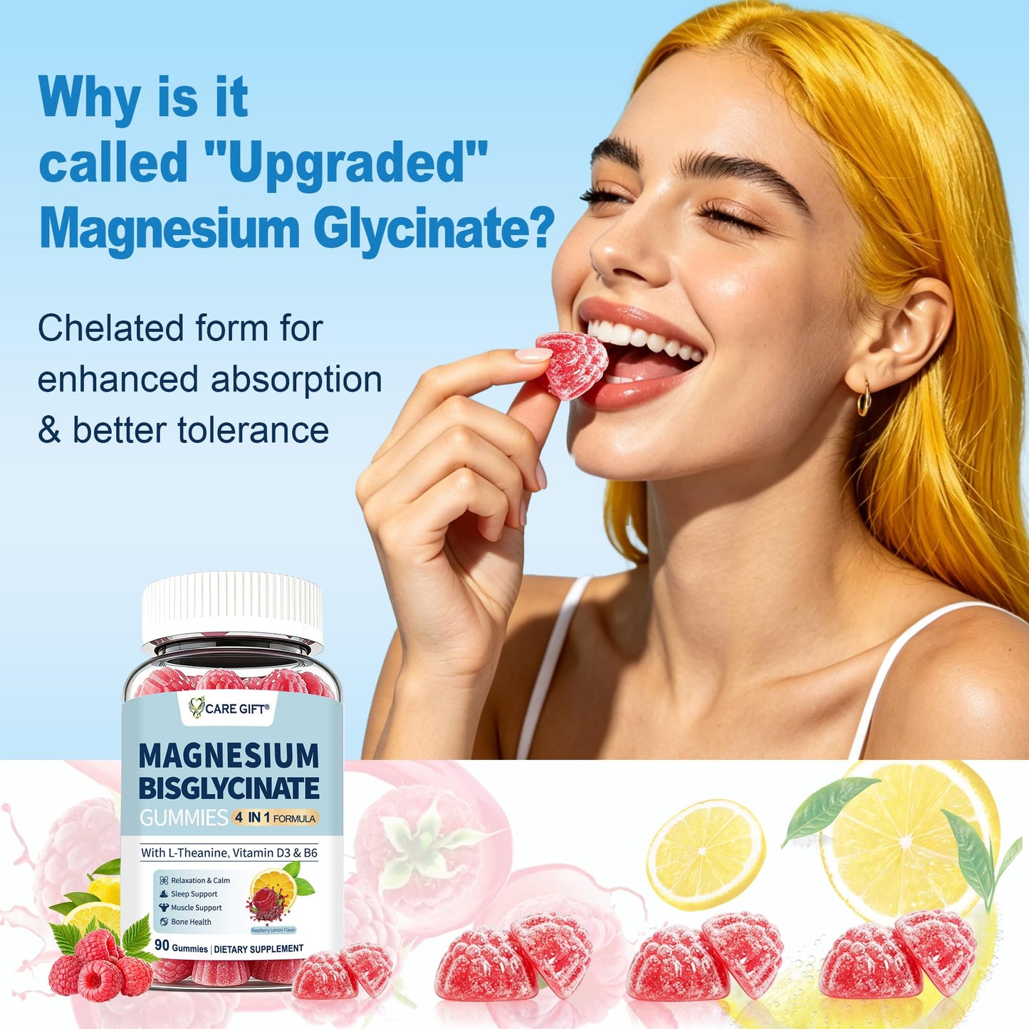 CARE GIFT Magnesium Bisglycinate 400mg Chelated Magnesium with Vitamin D3, B6 and L-Theanine, Gummies, 90