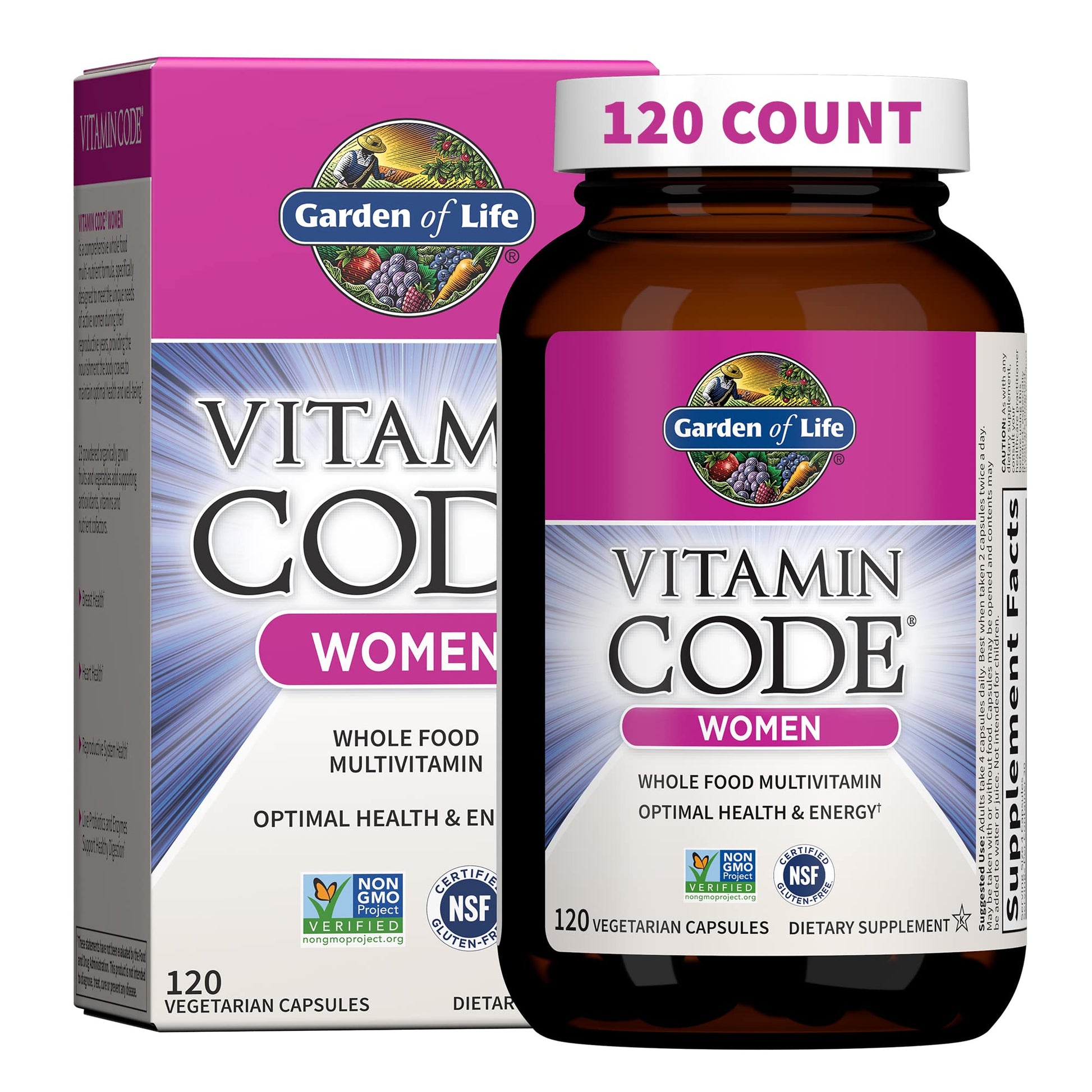 Garden of Life Vitamin Code Women's Multivitamin with Iron and Folate – Whole Food Women’s Vitamins with Probiotics, Digestive Enzymes, Immune Support, Non-GMO, Gluten-Free, Kosher Capsules, 120 Capsules