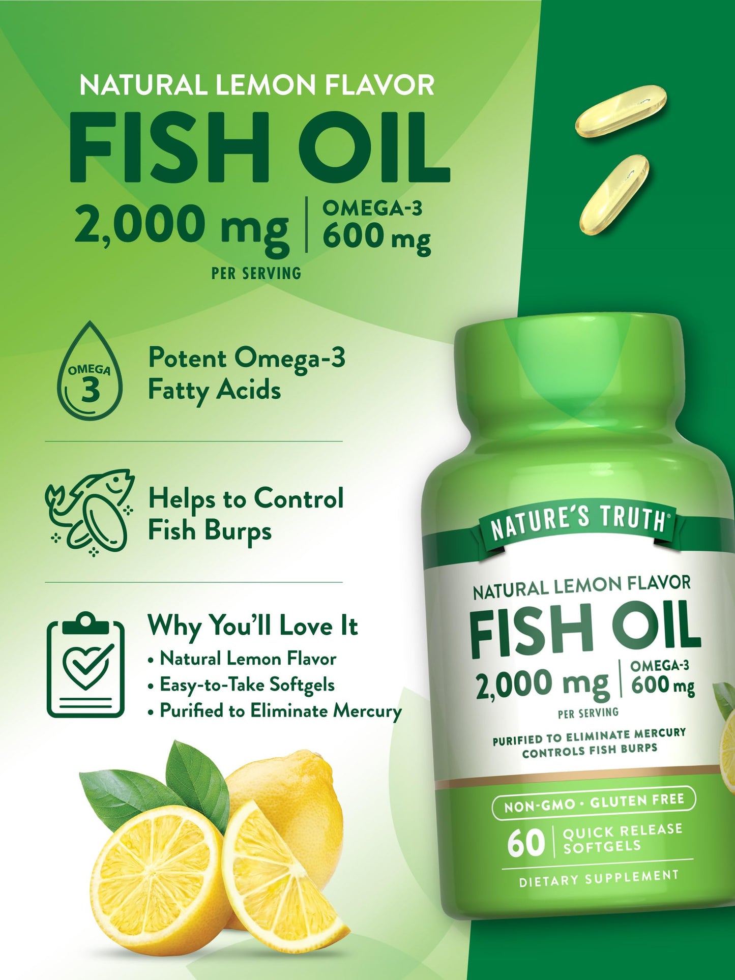Nature's Truth Fish Oil Omega 3 Supplement 2000mg Softgels 60 Count