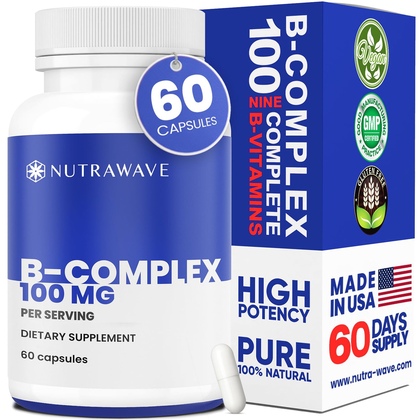 Nutra Wave Super B Complex Vitamins for Women & Men Capsules, 60 Count