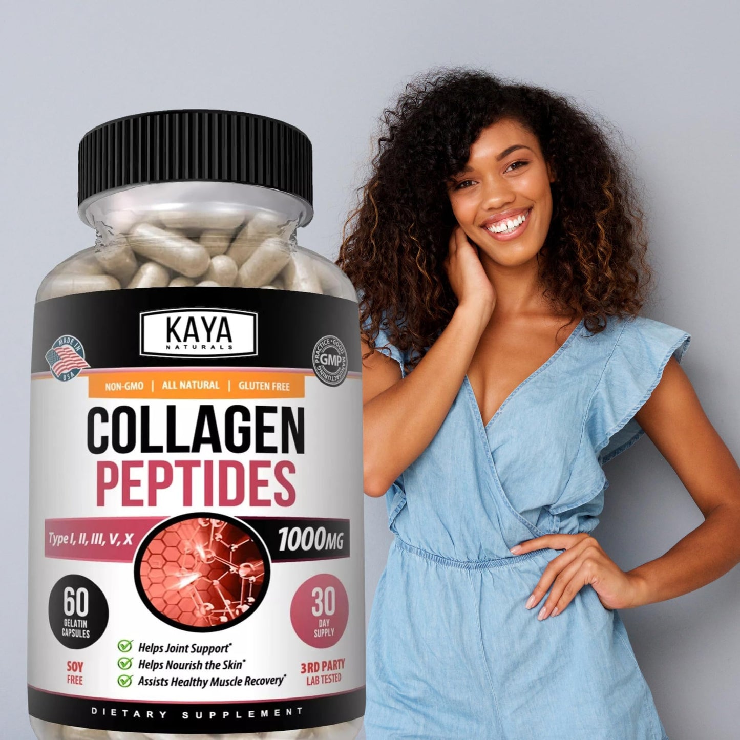 Kaya Naturals Multi Collagen Peptides Complex for Women and Men, Types I, II, III, V & X Capsules, 60 Count