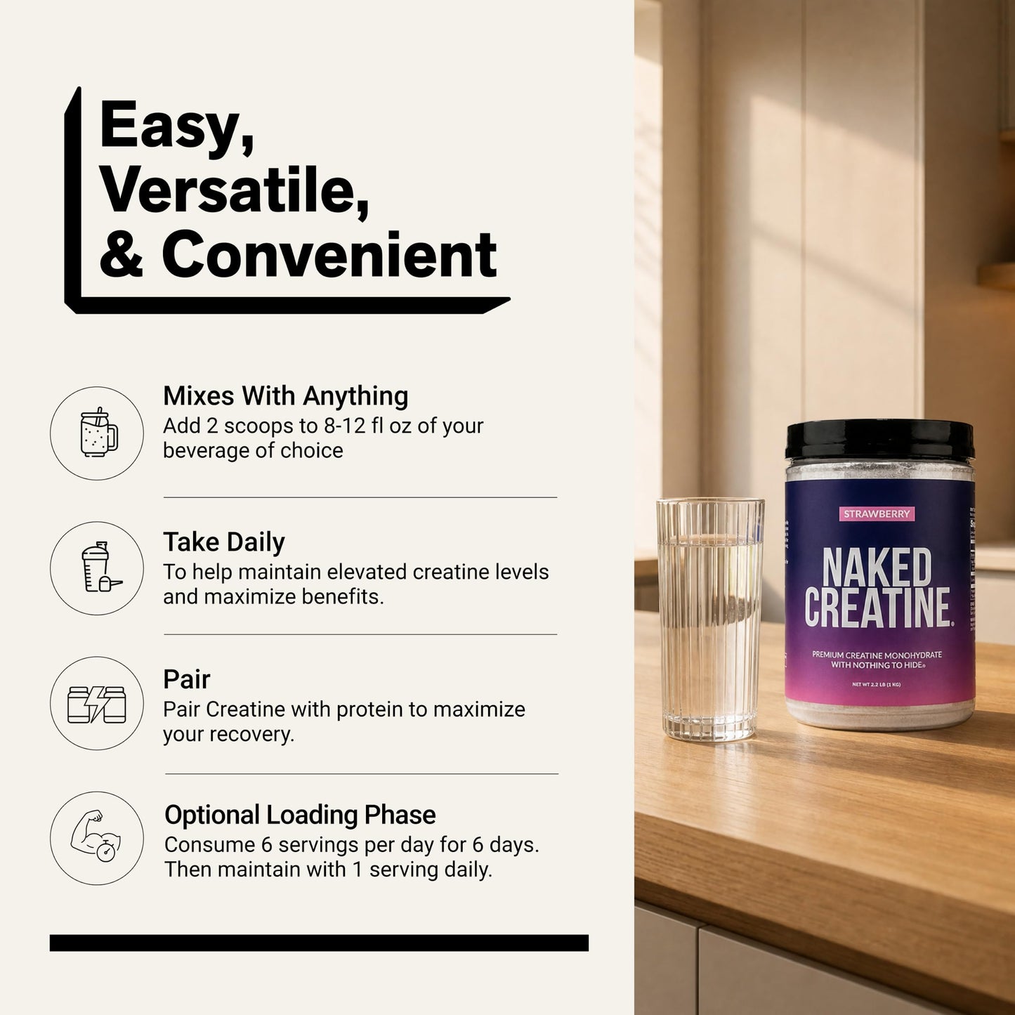 NAKED Creatine Monohydrate Strawberry Flavored Powder 90 Servings