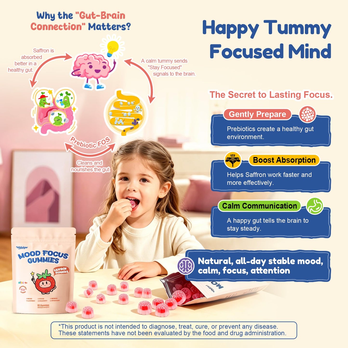 Welvigor Kids Saffron Gummies Mood Focus Support with Magnesium Glycinate, L-Theanine for Calm & Sleep, PS, Lion's Mane, Choline Brain Support for School Concentration & Attention, Sugar Free, 90 Gummies