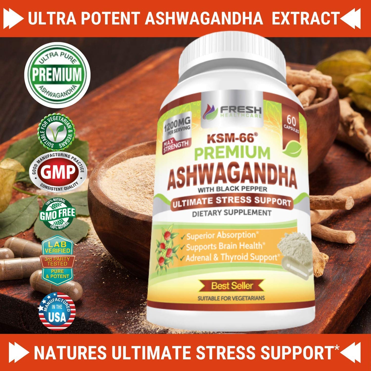FRESH HEALTHCARE Ashwagandha KSM-66 1200mg Capsule with Black Pepper, 60 Capsules