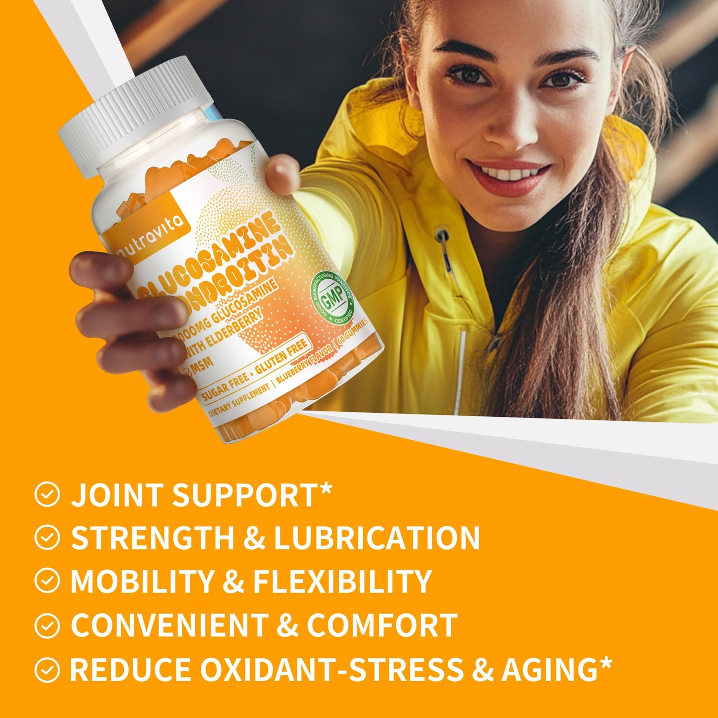 Nutravita Glucosamine Chondroitin Gummies with MSM & Elderberry Extra Strength 60 Orange Chews