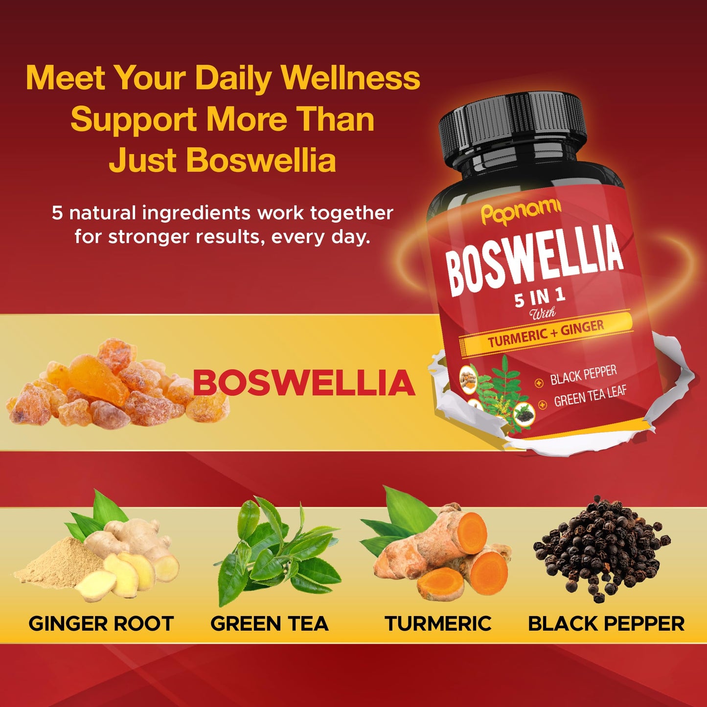 Papnami Organic Boswellia Serrata Extract Capsules with Turmeric, Ginger, Black Pepper & Green Tea, 60 Capsules