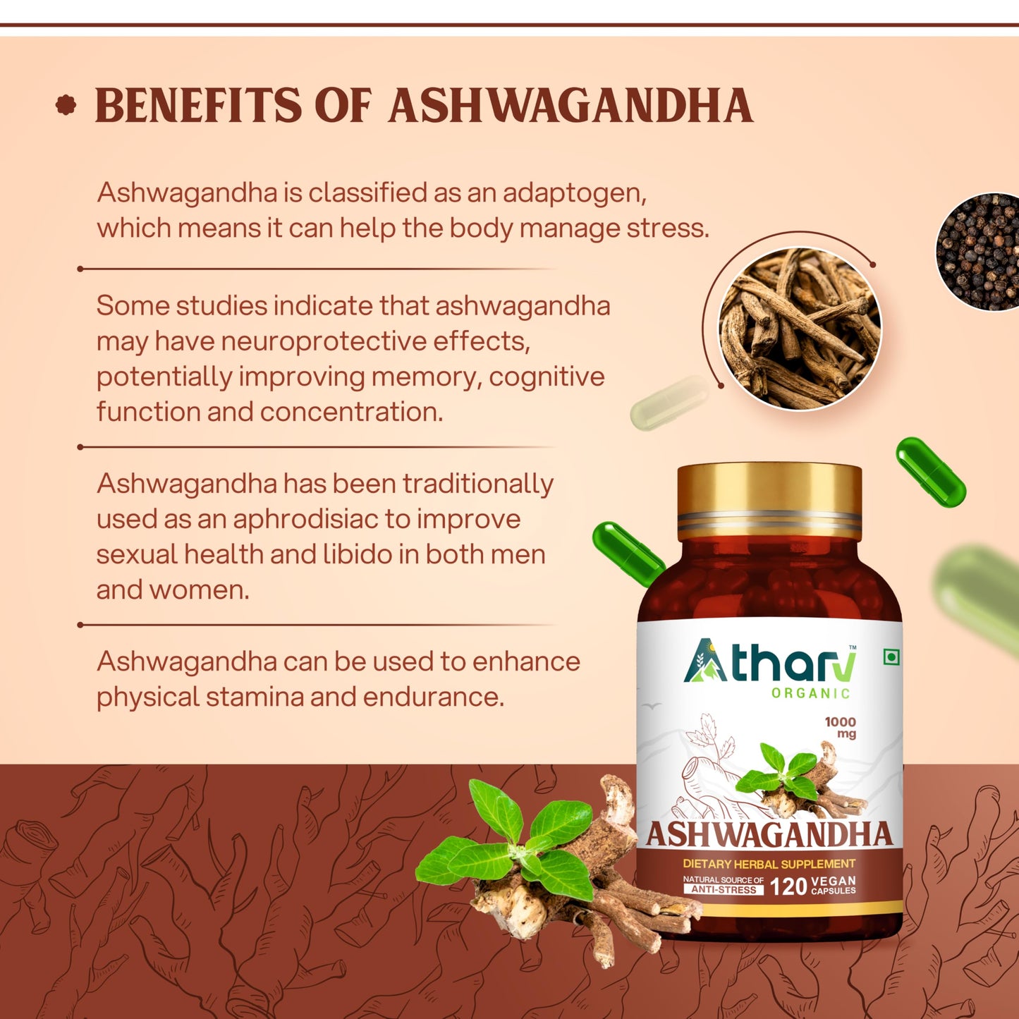 ATHARV ORGANIC Ashwagandha Supplement 1000 mg Veggie Capsules, 120 Capsules