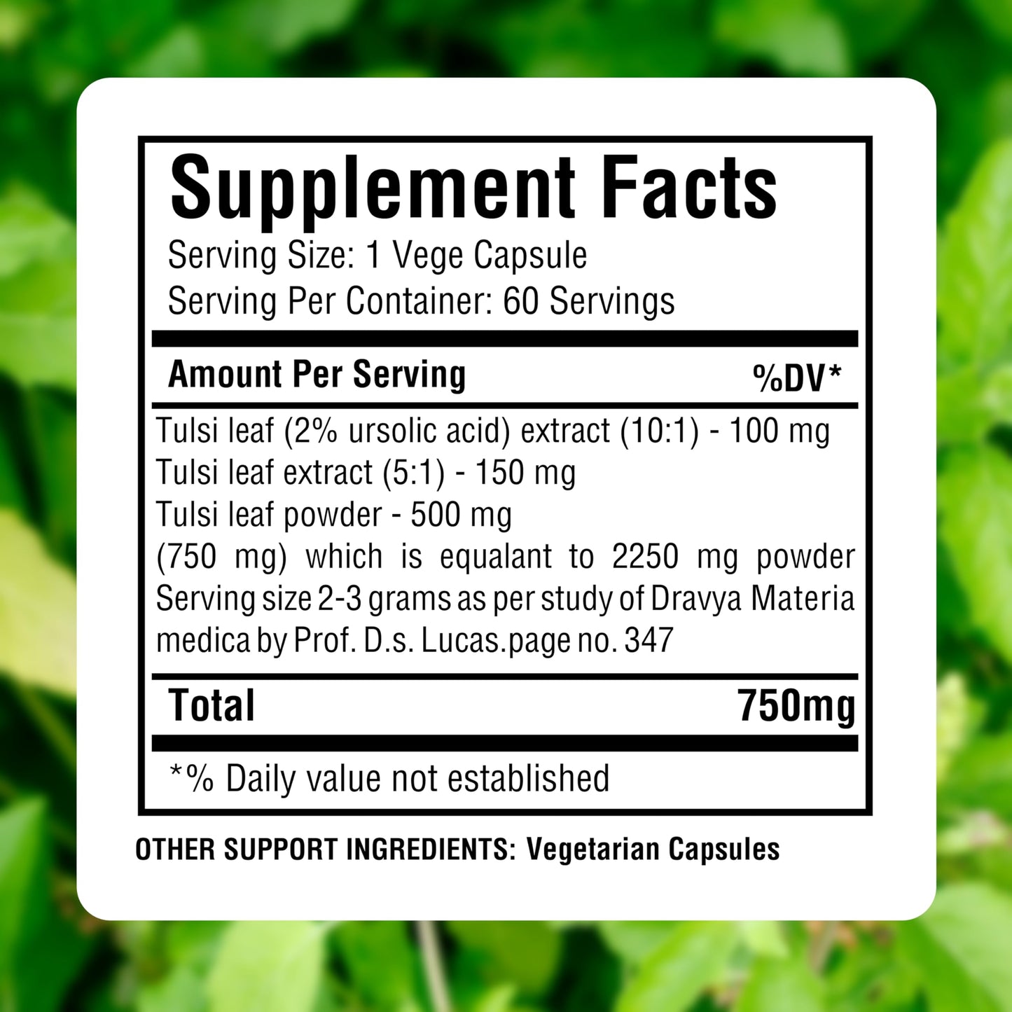 Herbsforever Tulsi Holy Basil Extra Strength 10:1 Extract, Equiv. to 2250mg Leaves Powder Per Serving, 60 Veg Capsules