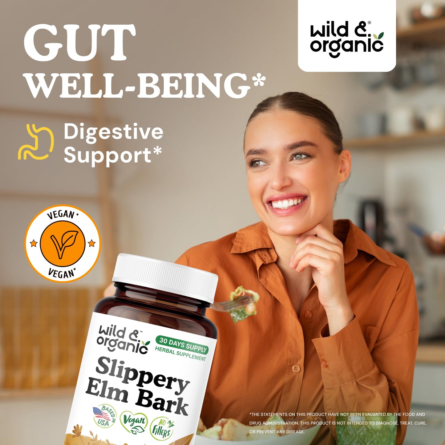 Wild & Organic Slippery Elm Capsules 1000 mg, 60 Count