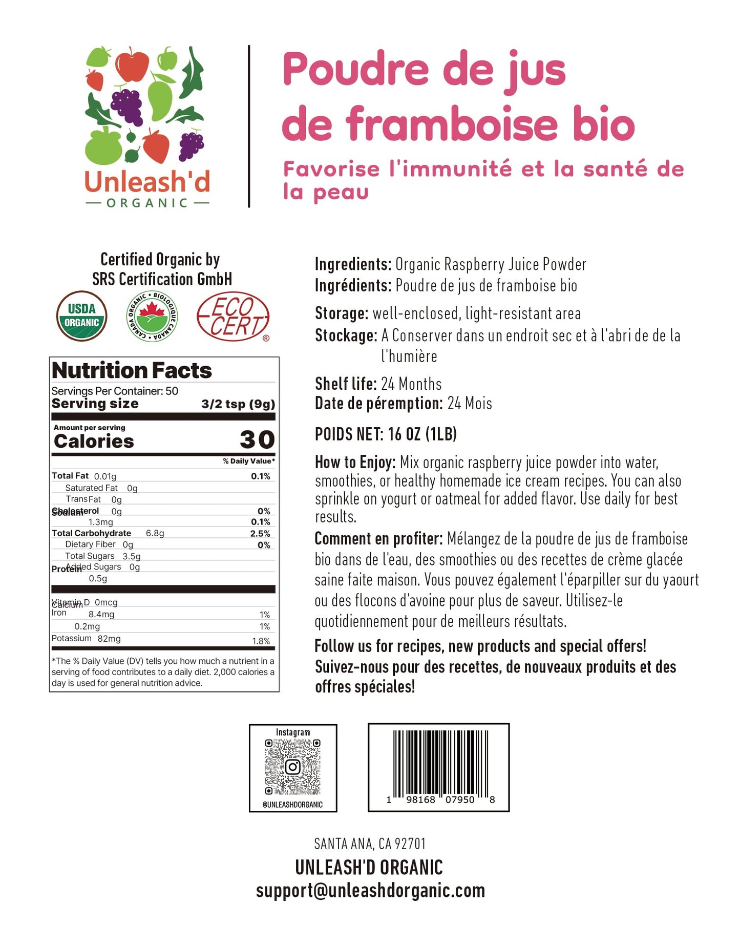 UNLEASH'D ORGANIC Raspberry Juice Powder, 16 oz