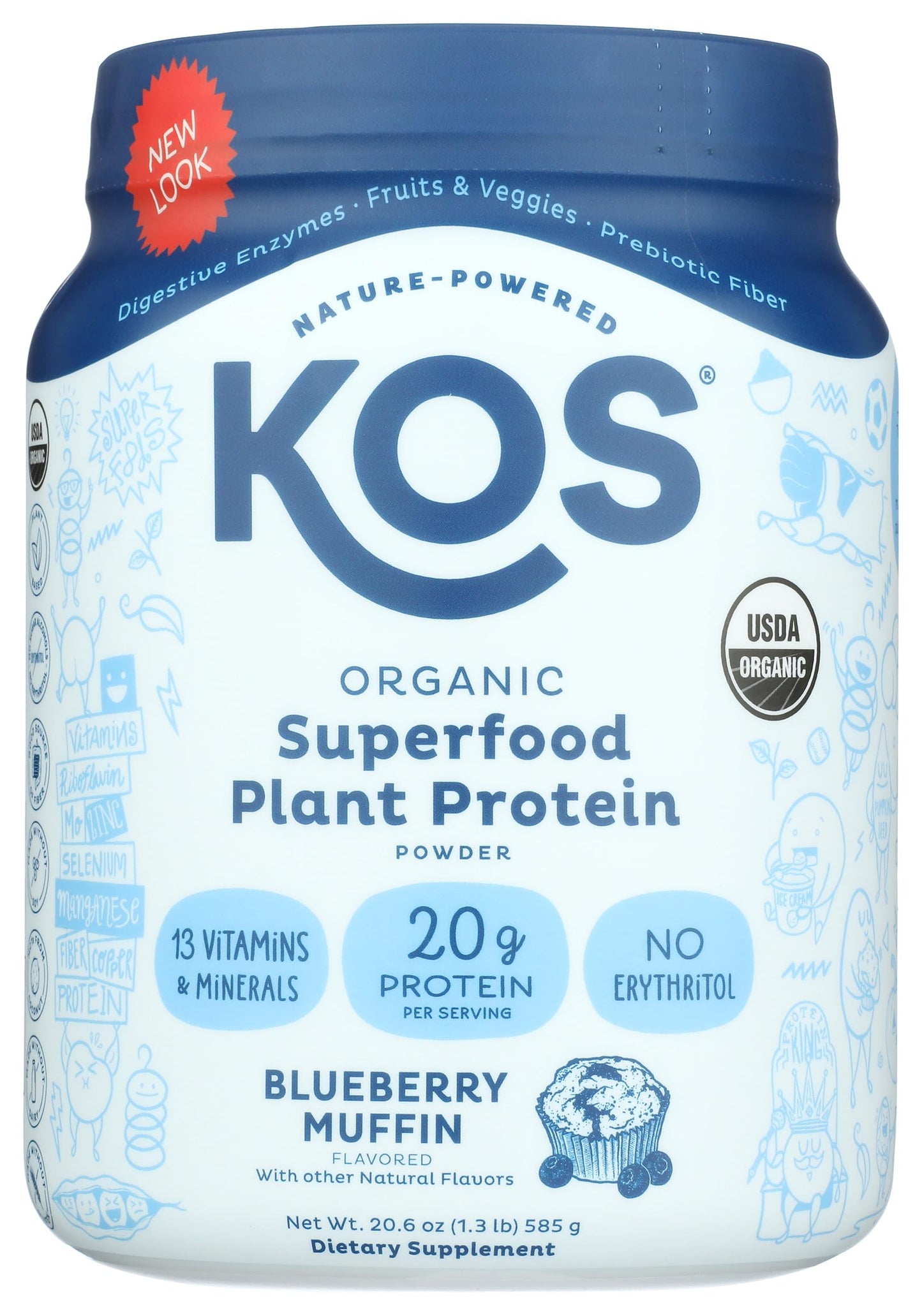 KOS Plant Based Protein Powder, Blueberry Muffin - Organic Pea Protein with Spirulina and Immune Support, 20.6 oz