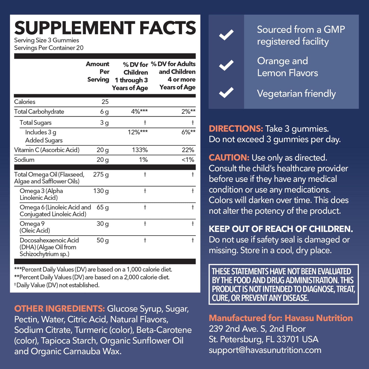 HAVASU NUTRITION Omega for Kids Lemon & Orange, Gummy, 60 Count