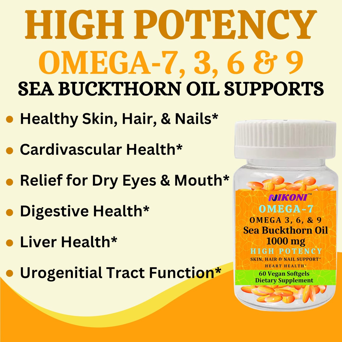 Nikoni Organic Vegan Sea Buckthorn Oil with Omega-7 for Healthy Skin, Hair, Nails Support Softgels, 120 Count