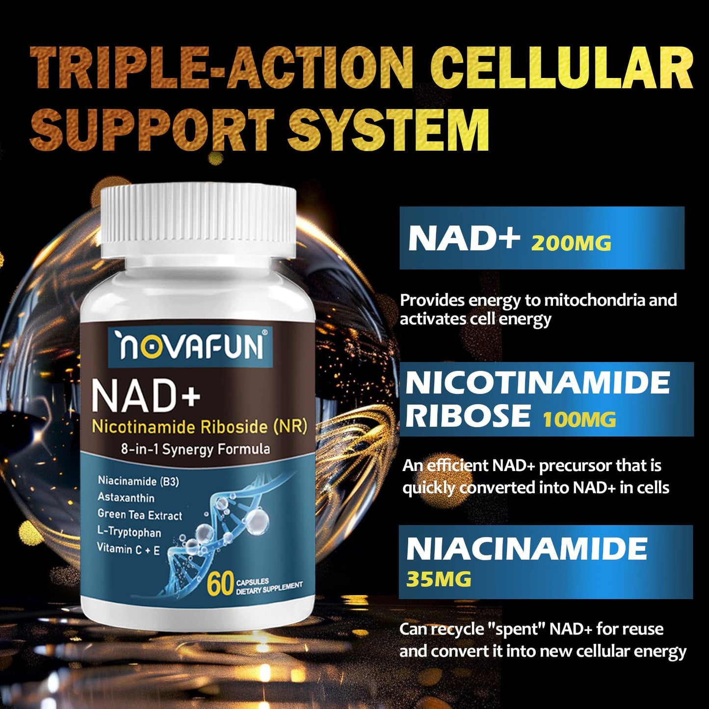 Novafun NAD+ Supplements 746mg 8-in-1 NAD Plus Supplement for Women & Men with Nicotinamide Riboside Niacinamide & Astaxanthin Supports Cellular Energy & Healthy Aging, 60 Capsules