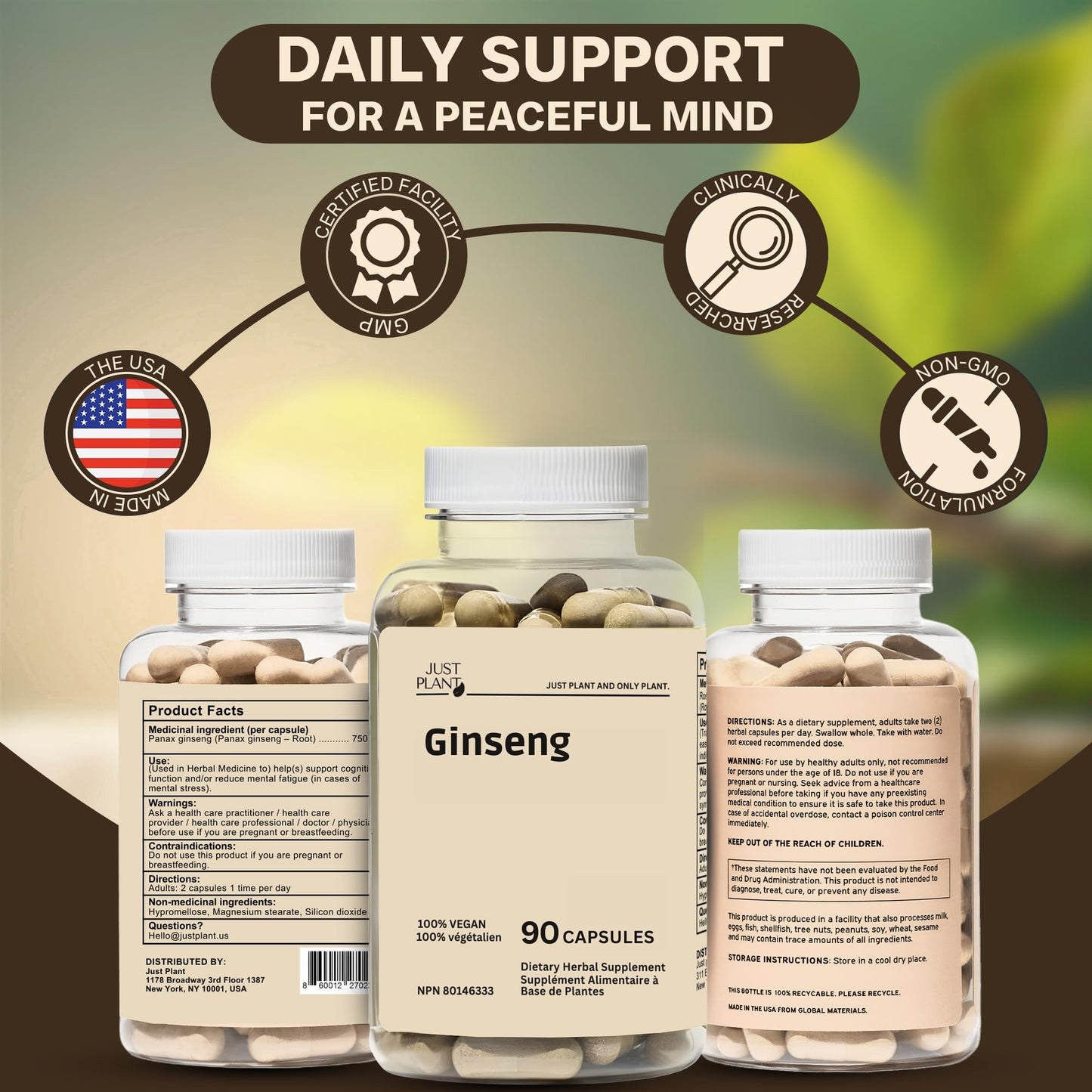 Just Plant Ginseng Root Extract Capsules 750 mg, 90 Count