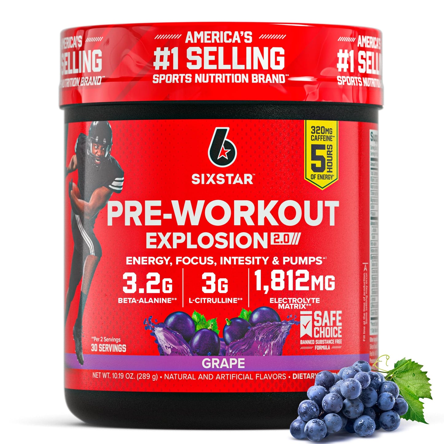 Six Star Pre-Workout Explosion for Men & Women, Grape Powder 9.75 Ounce