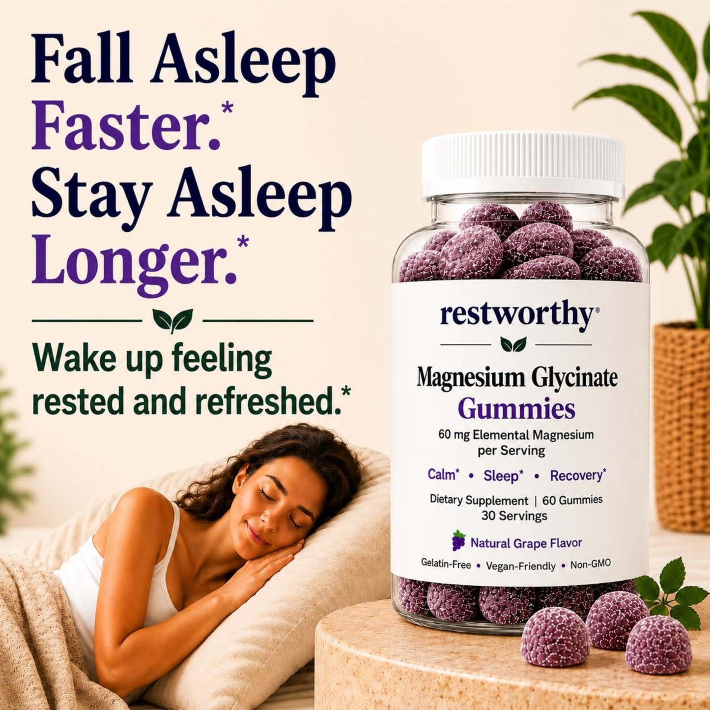 Restworthy Magnesium Glycinate Gummies for Sleep, Relaxation & Calm Support, 60 Gummies