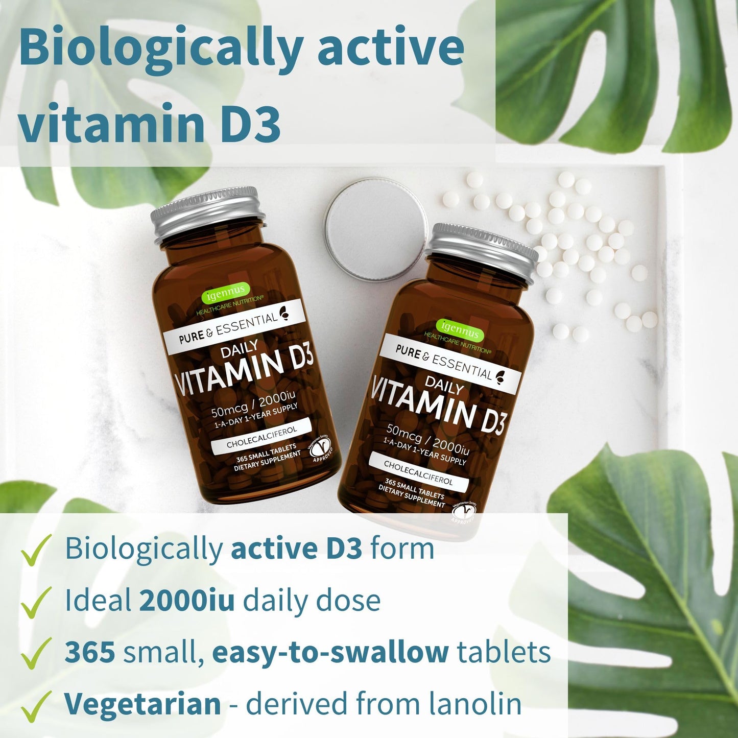 Igennus Healthcare Nutrition Daily Vitamin D3 + Super B12-Complex Vegetarian Bundle, 2000iu Vitamin D3 Tablets and Sublingual B12, 545 Count
