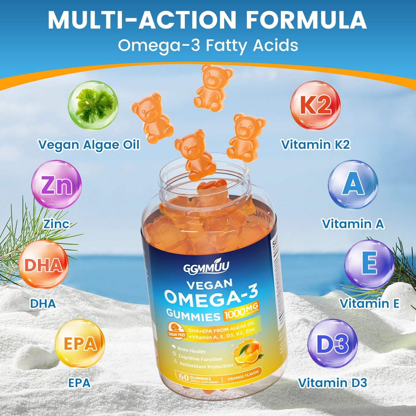 GGMMUU Vegan Omega-3 Gummies with Algal Oil, DHA 600mg & EPA 300mg, 120 Gummies