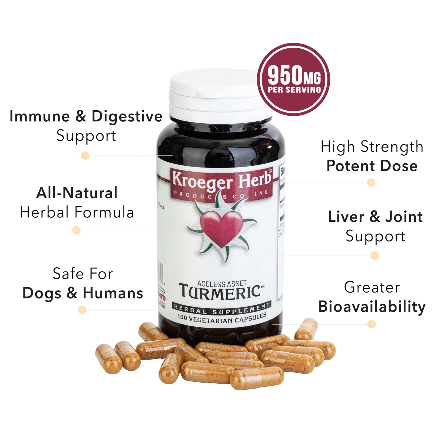 Kroeger Herb Products High Absorption Turmeric Supplement for Joint Support Capsule, 100 Capsules