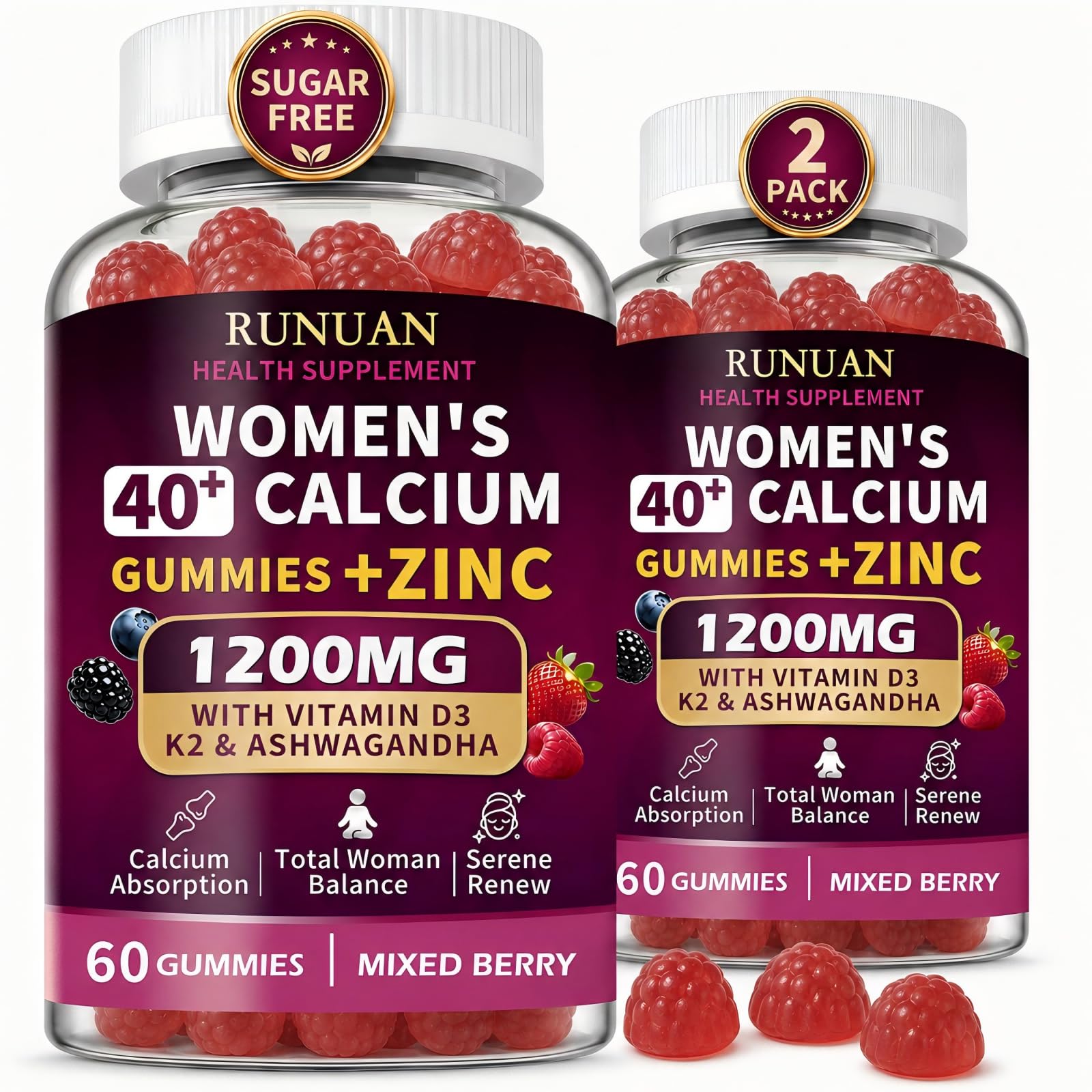 RUNUAN Calcium Citrate Gummies 1200mg with Magnesium Zinc D3 K2 B12 B6 120 Gummies