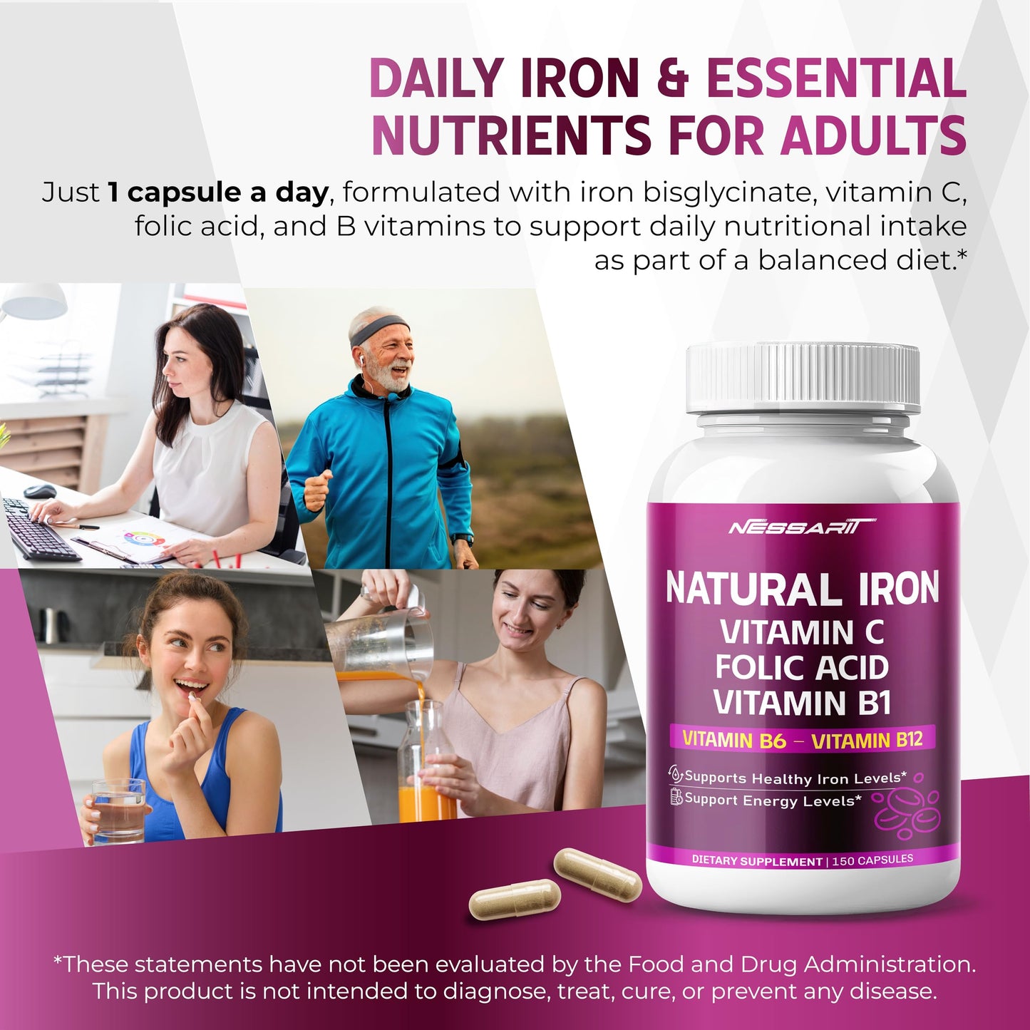 NESSARIT Natural Iron High Potency with Vitamin C, Folic Acid - High-Absorption Formula with Vitamin B1, B6, B12 - Capsule, 150 Count