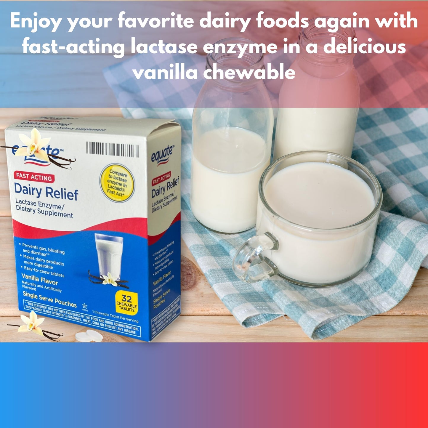 FUSION SHOP STORE Dairy Pills for Lactose Intolerance - Fast Acting Relief Vanilla Flavor 32 Tablets