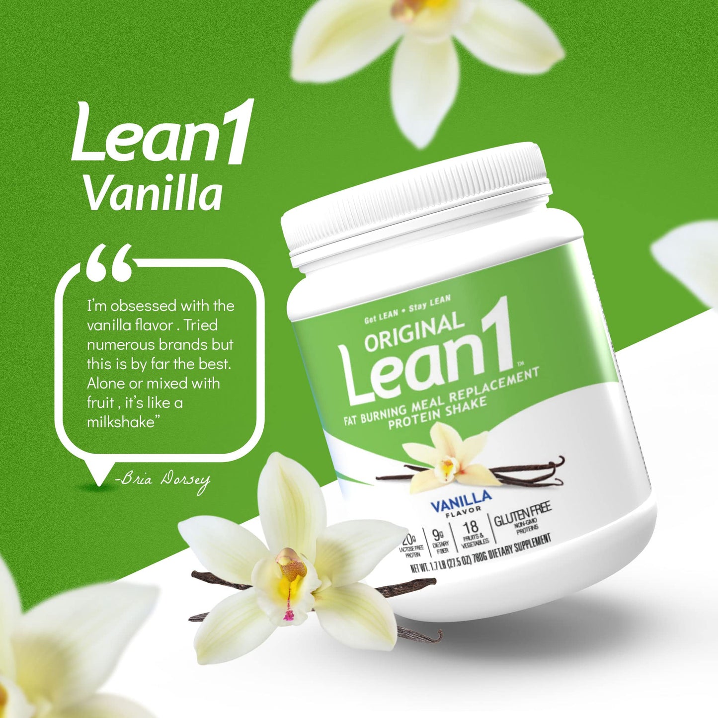 LEAN1 Meal Replacement Protein Shake Powder, Vanilla Flavor, 2-Pack of 15-Serving Tubs